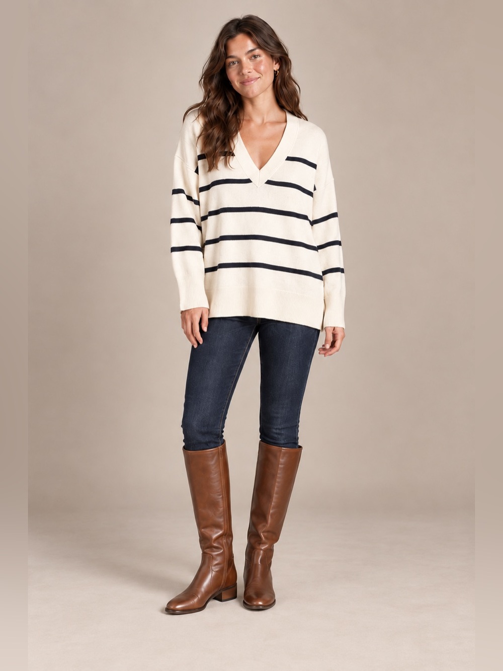 Aerie Oversized V-Neck Striped Sweater Ivory Navy Size Large